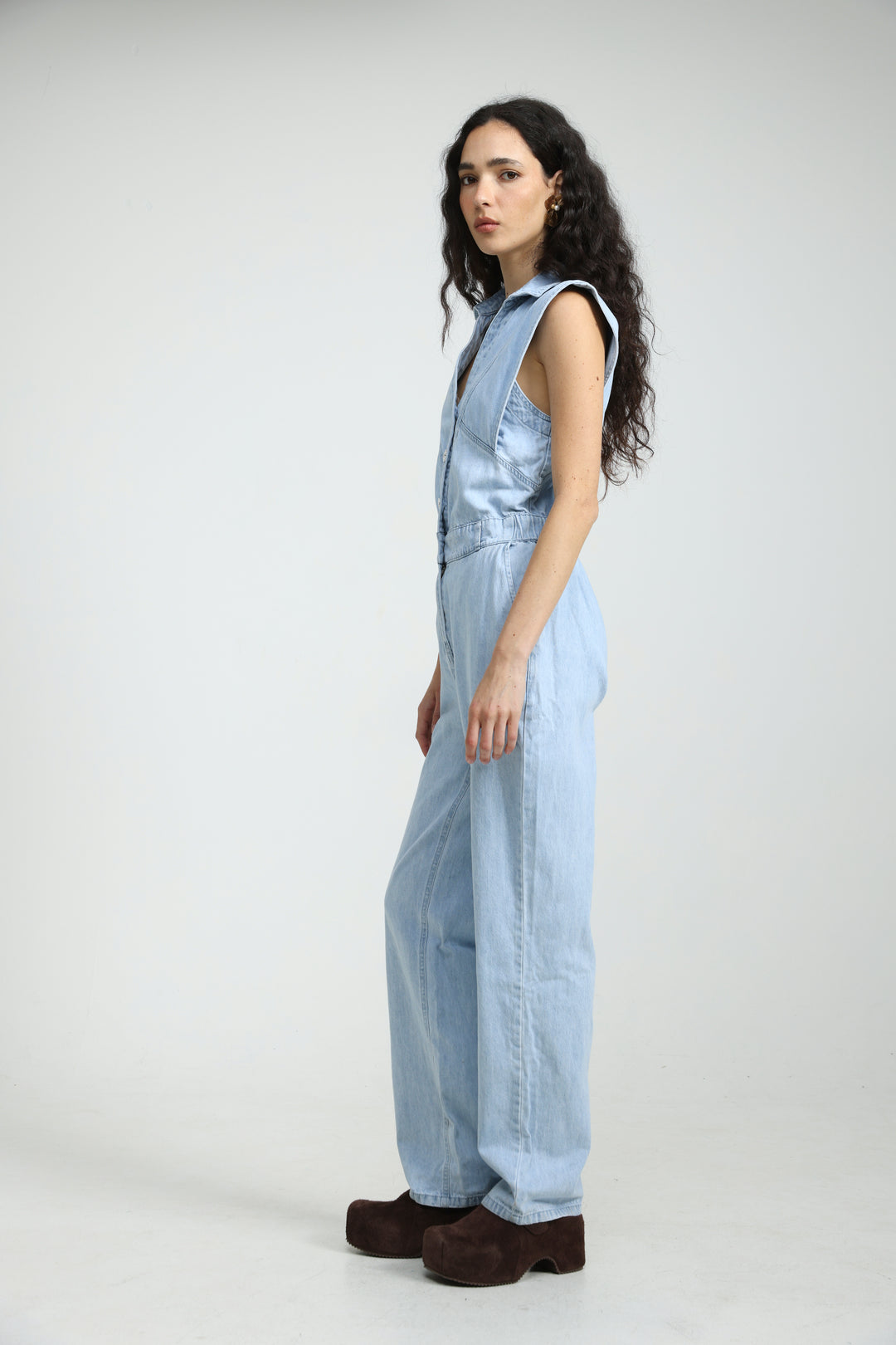 Sleeveless Light Blue Denim Jumpsuit