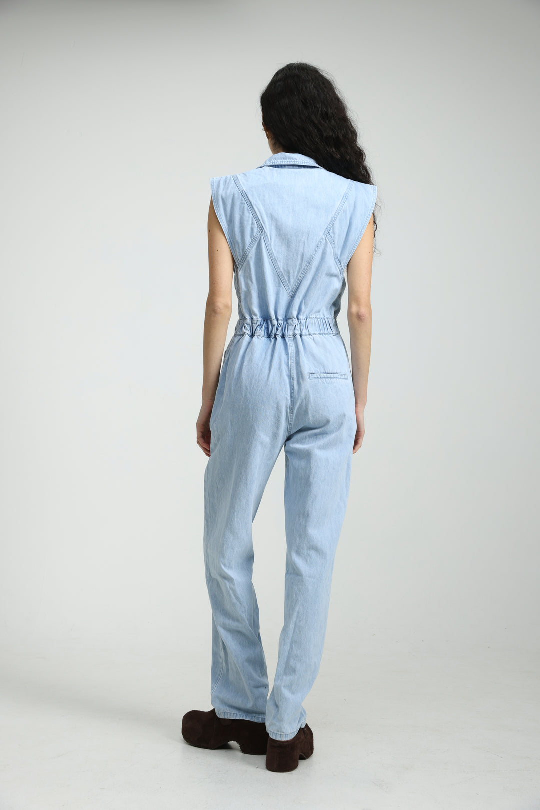 Sleeveless Light Blue Denim Jumpsuit
