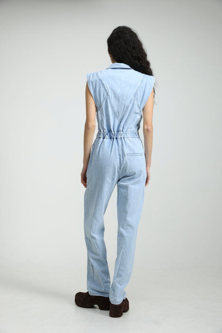 Sleeveless Light Blue Denim Jumpsuit