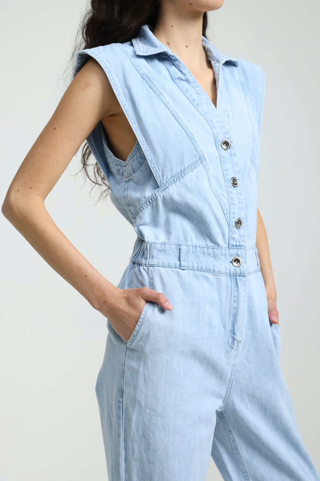 Sleeveless Light Blue Denim Jumpsuit