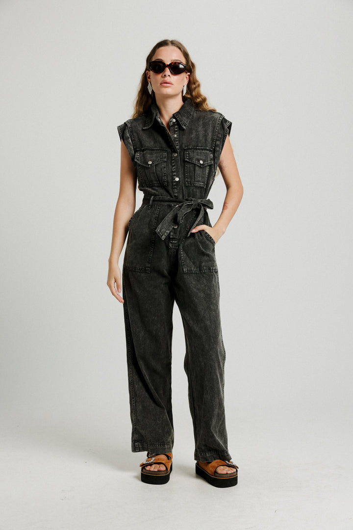 Wide Leg Black Denim Jumpsuit