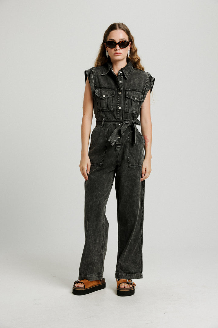 Wide Leg Black Denim Jumpsuit