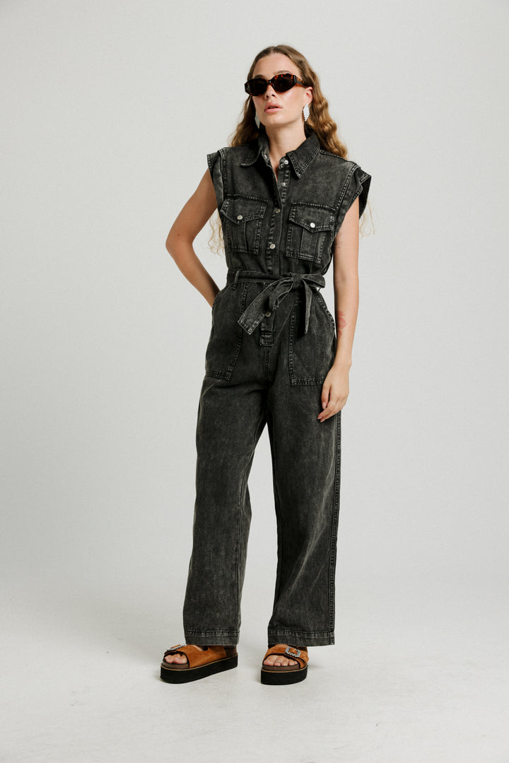 Wide Leg Black Denim Jumpsuit