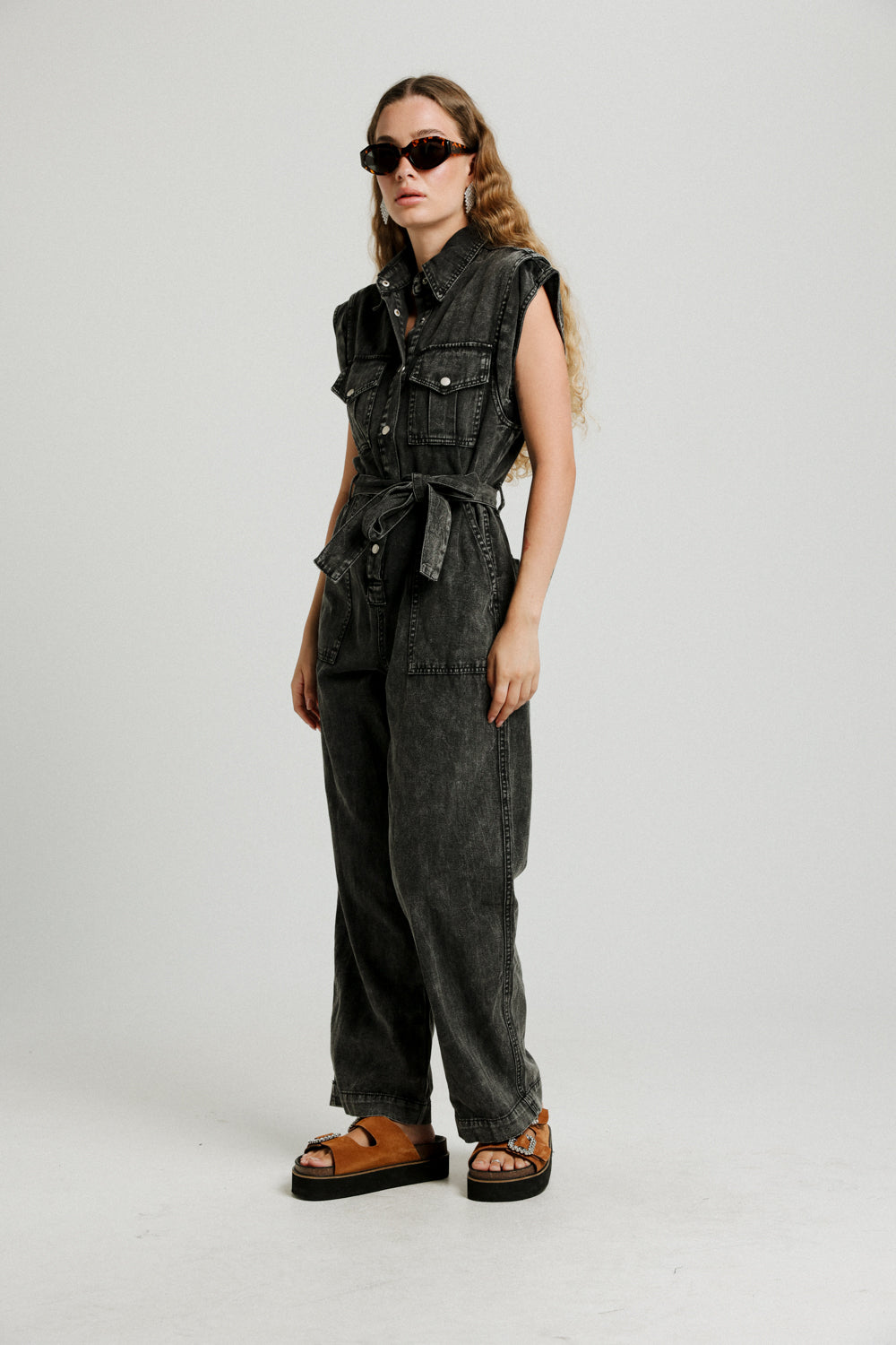 Wide Leg Black Denim Jumpsuit