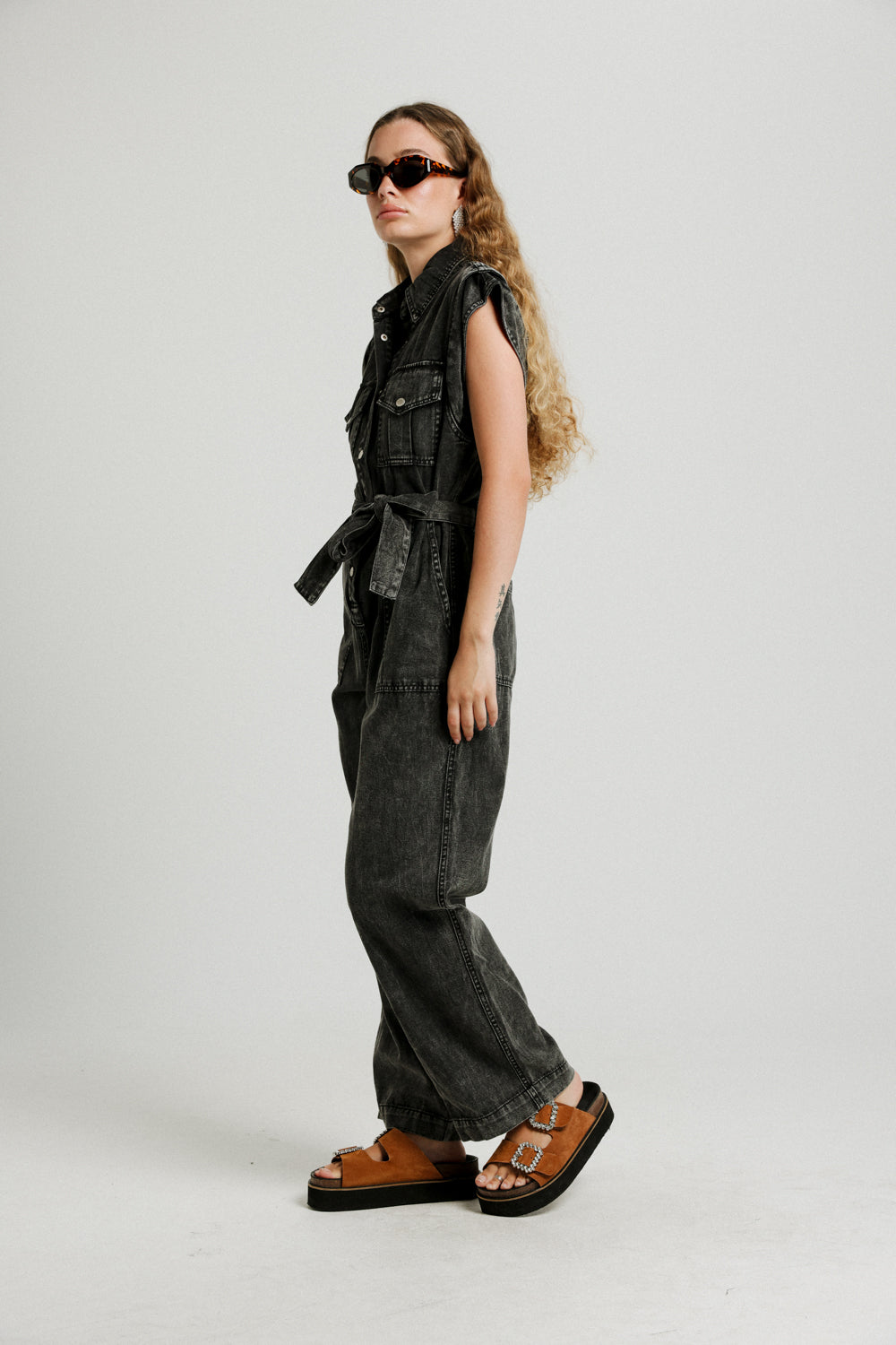 Wide Leg Black Denim Jumpsuit