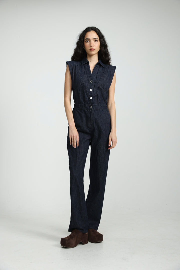 Sleeveless Dark Blue Denim Jumpsuit