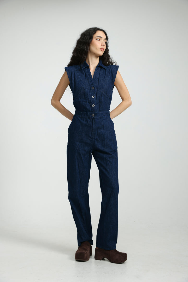 Sleeveless Blue Denim Jumpsuit