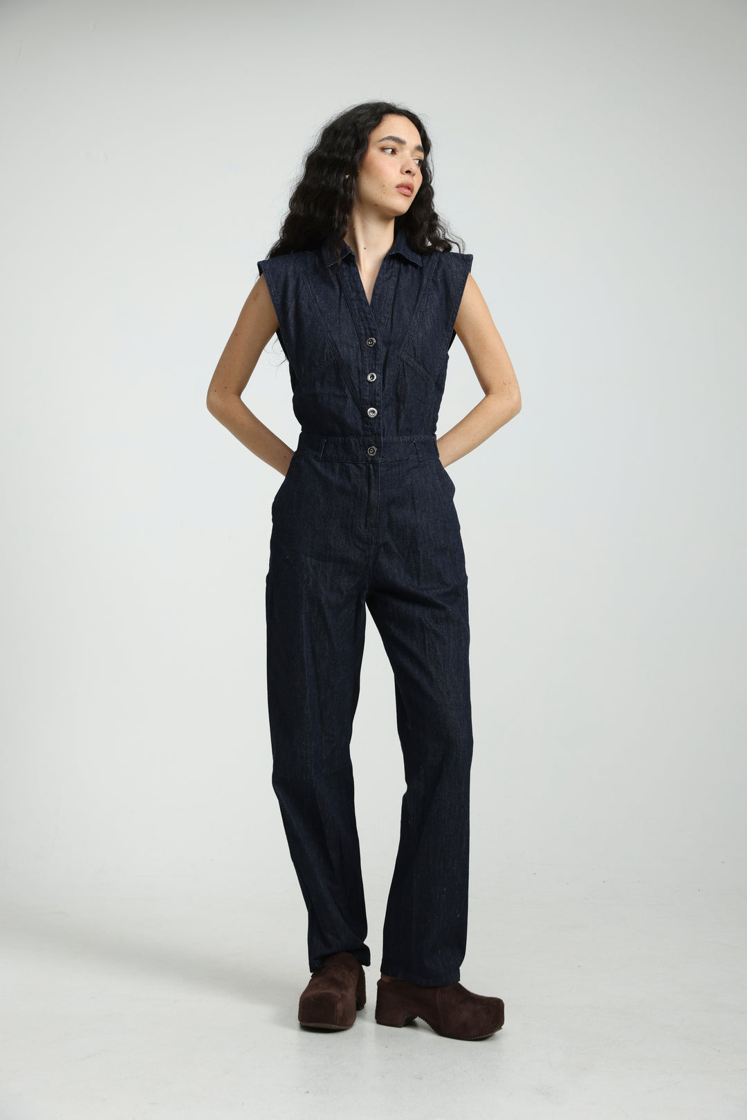 Sleeveless Dark Blue Denim Jumpsuit