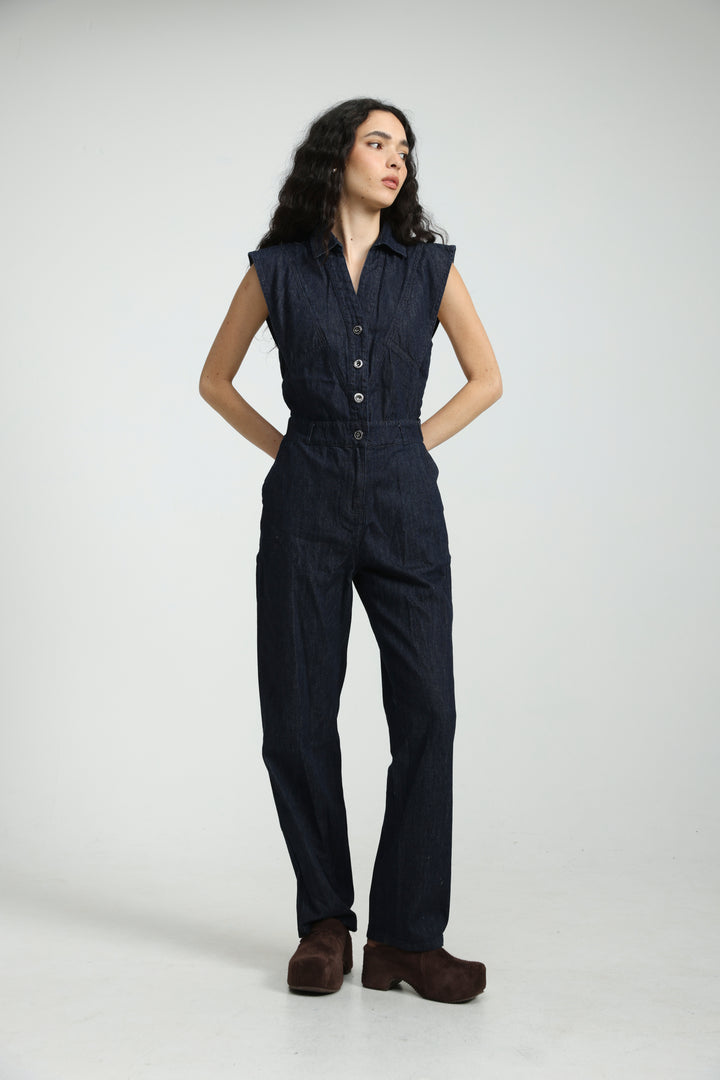 Sleeveless Dark Blue Denim Jumpsuit