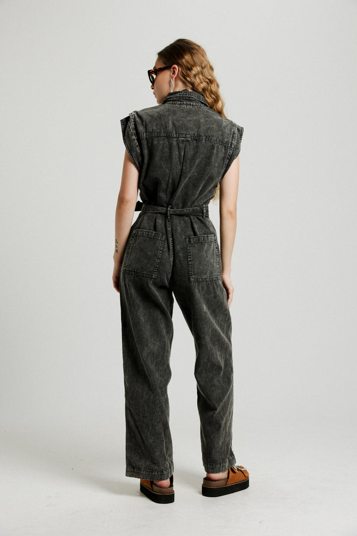 Wide Leg Black Denim Jumpsuit