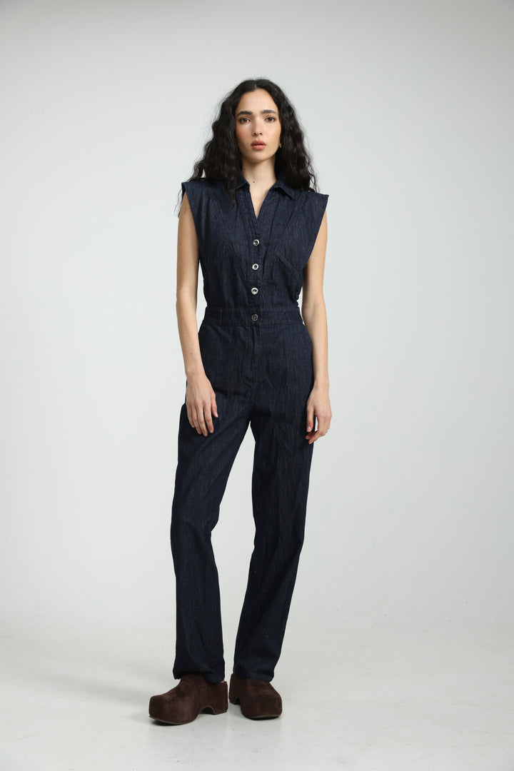 Sleeveless Dark Blue Denim Jumpsuit