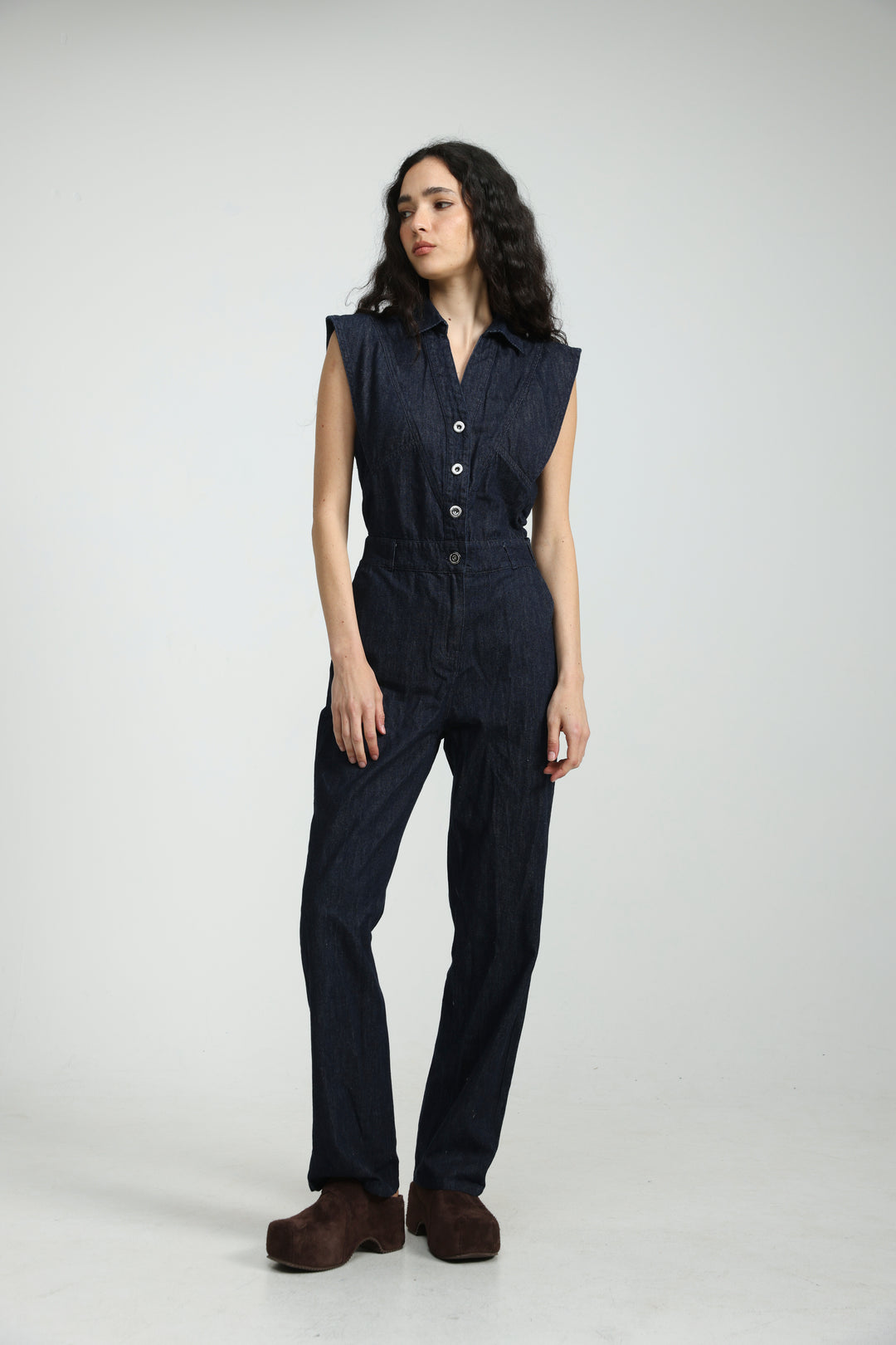Sleeveless Dark Blue Denim Jumpsuit