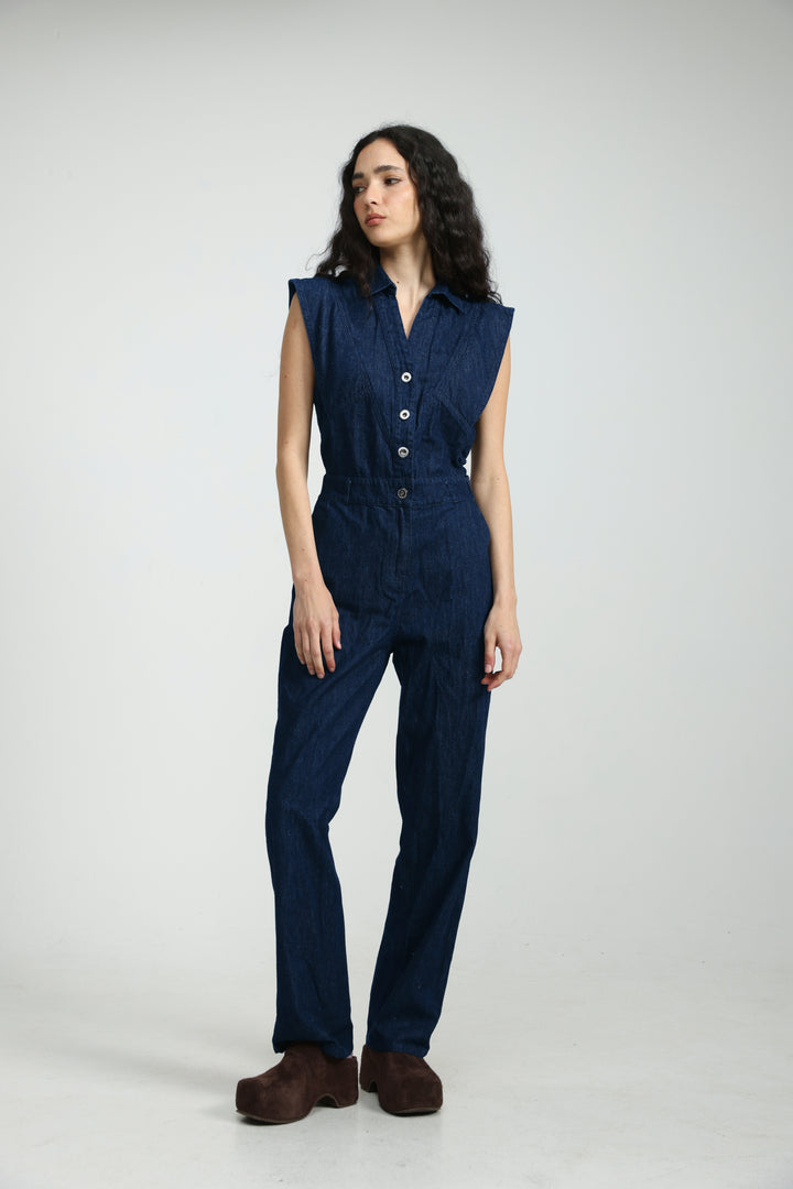 Sleeveless Blue Denim Jumpsuit