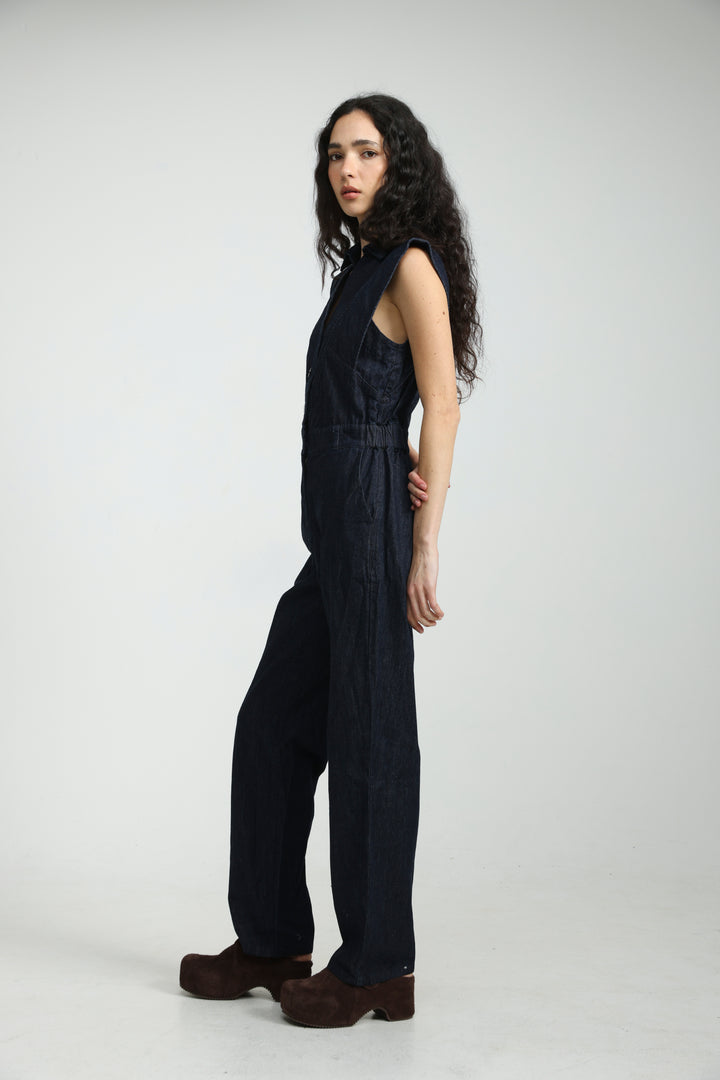 Sleeveless Dark Blue Denim Jumpsuit