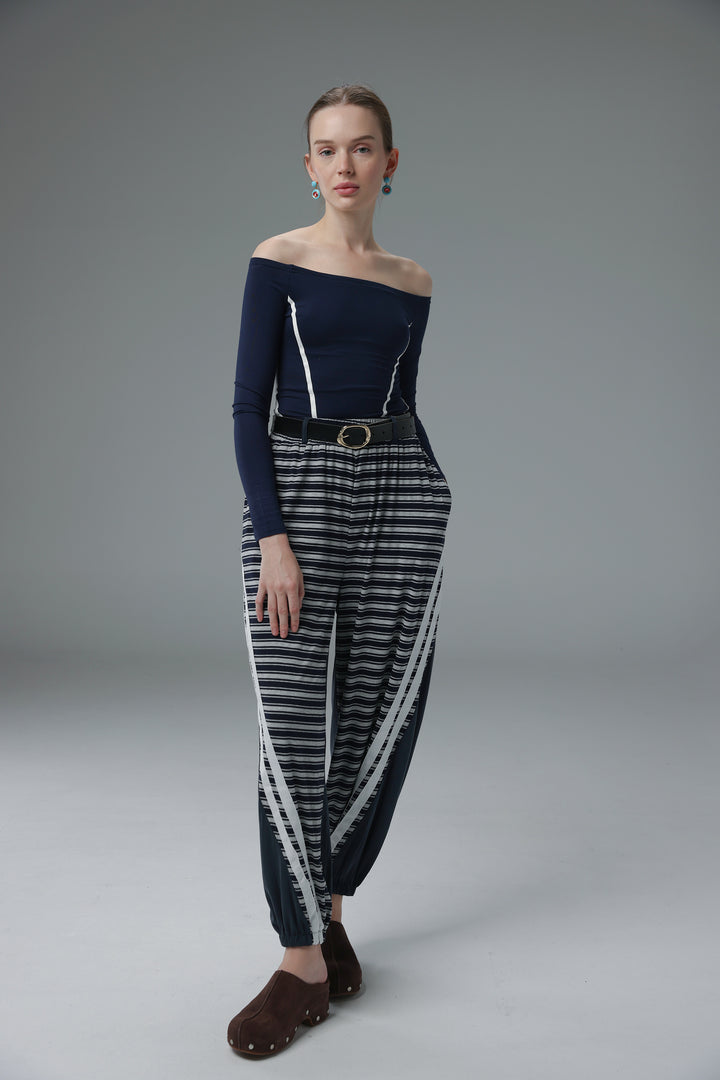Daniela's Navy Mixed Off Shoulder Bodysuit