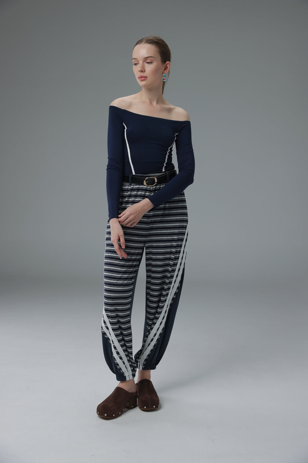 Daniela's Navy Mixed Off Shoulder Bodysuit