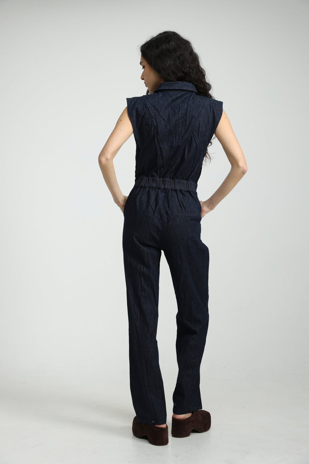 Sleeveless Dark Blue Denim Jumpsuit