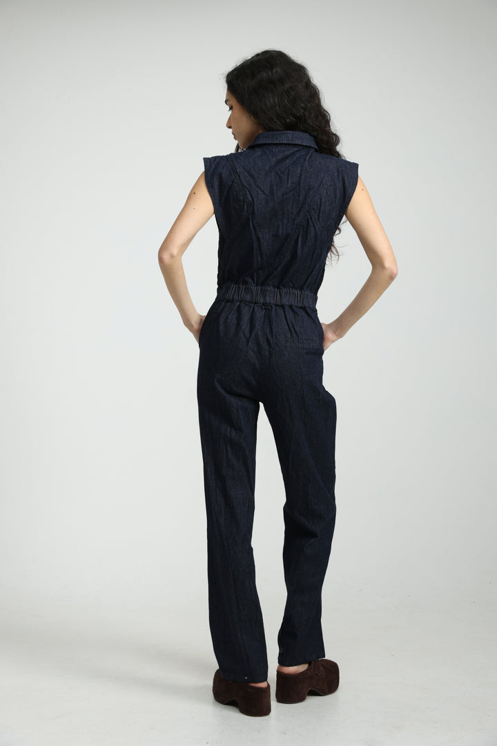 Sleeveless Dark Blue Denim Jumpsuit