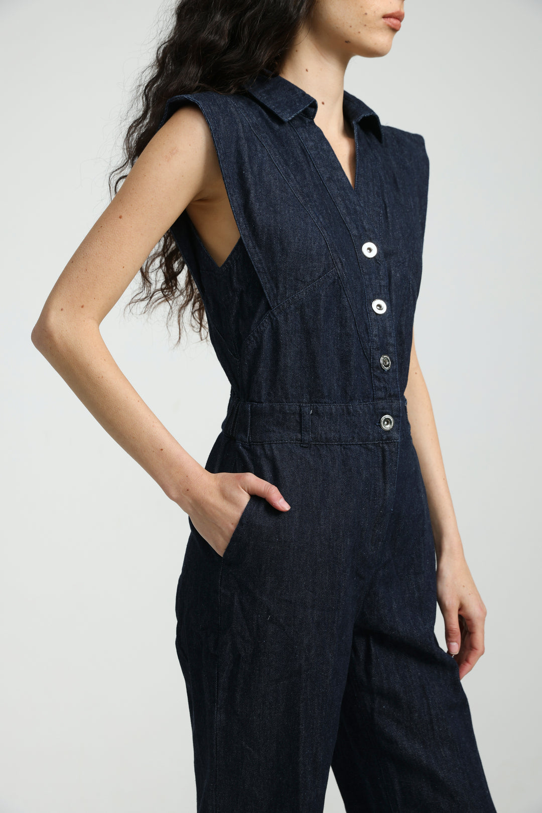 Sleeveless Dark Blue Denim Jumpsuit