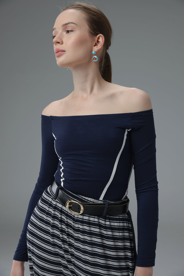 Daniela's Navy Mixed Off Shoulder Bodysuit