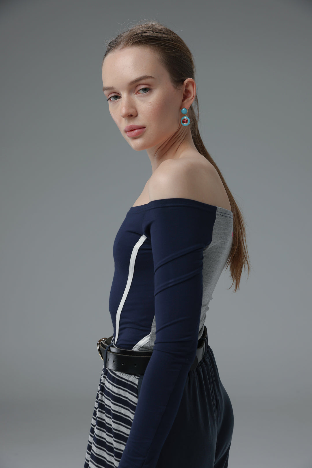 Daniela's Navy Mixed Off Shoulder Bodysuit