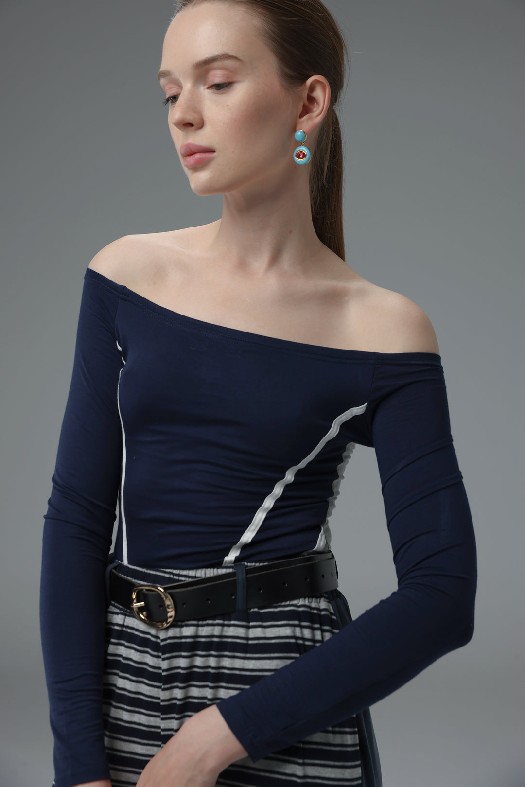 Daniela's Navy Mixed Off Shoulder Bodysuit