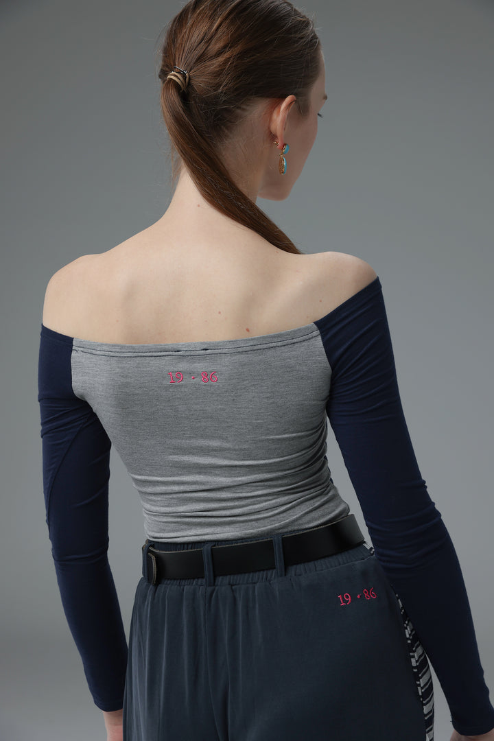 Daniela's Navy Mixed Off Shoulder Bodysuit