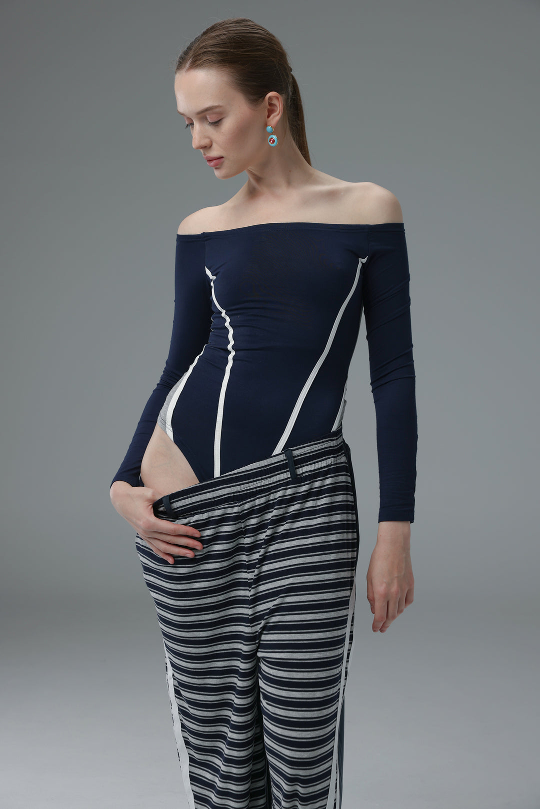 Daniela's Navy Mixed Off Shoulder Bodysuit
