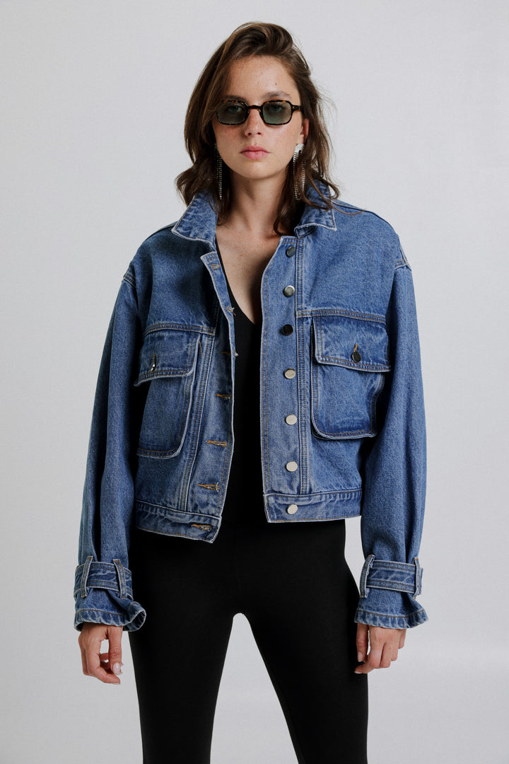 Autumn Denim Jacket מעיל ג'ינס ארוך בצבע כחול 