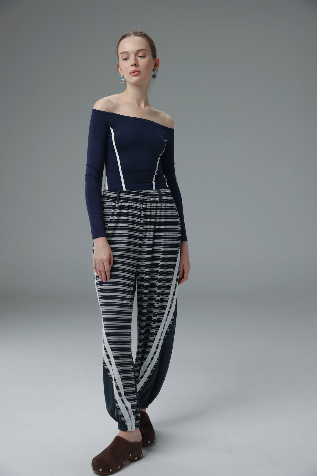 Daniela's Navy Mixed Off Shoulder Bodysuit