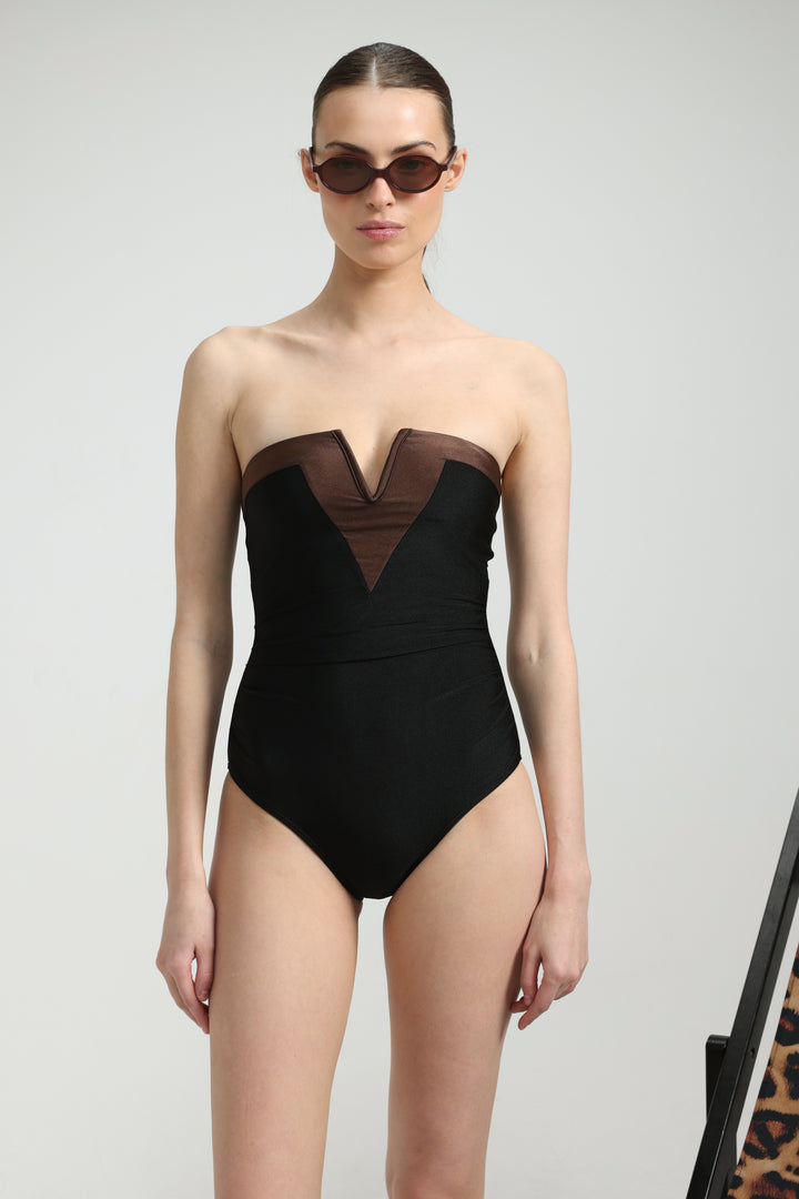 Impressionism Black/Brown Swimsuit בגד ים שלם סטרפלס בצבע שחור עם עיטור וי חום
