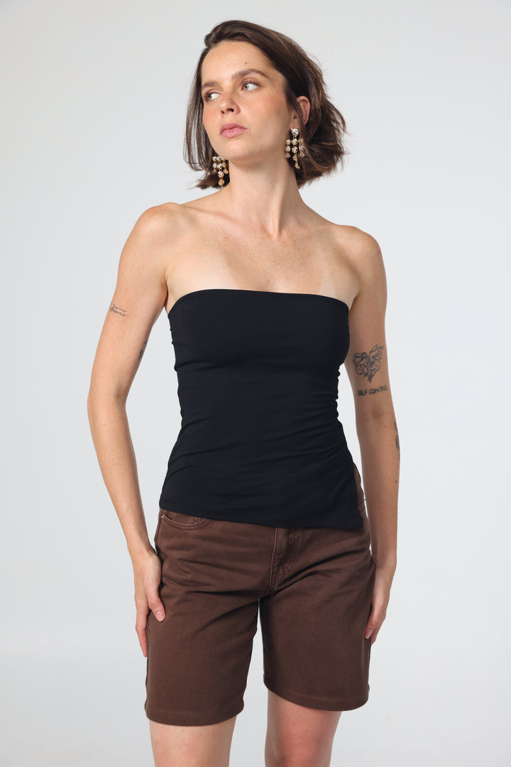 Graphic Black Strapless Top