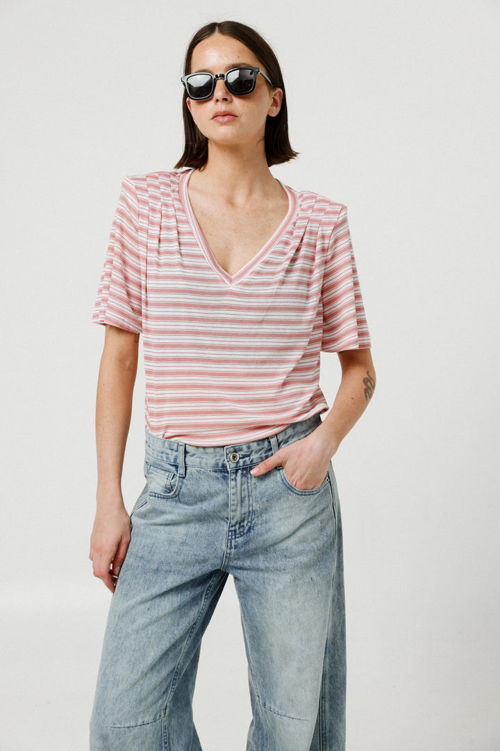 Collab Pink Stripes Padded V T-Shirt