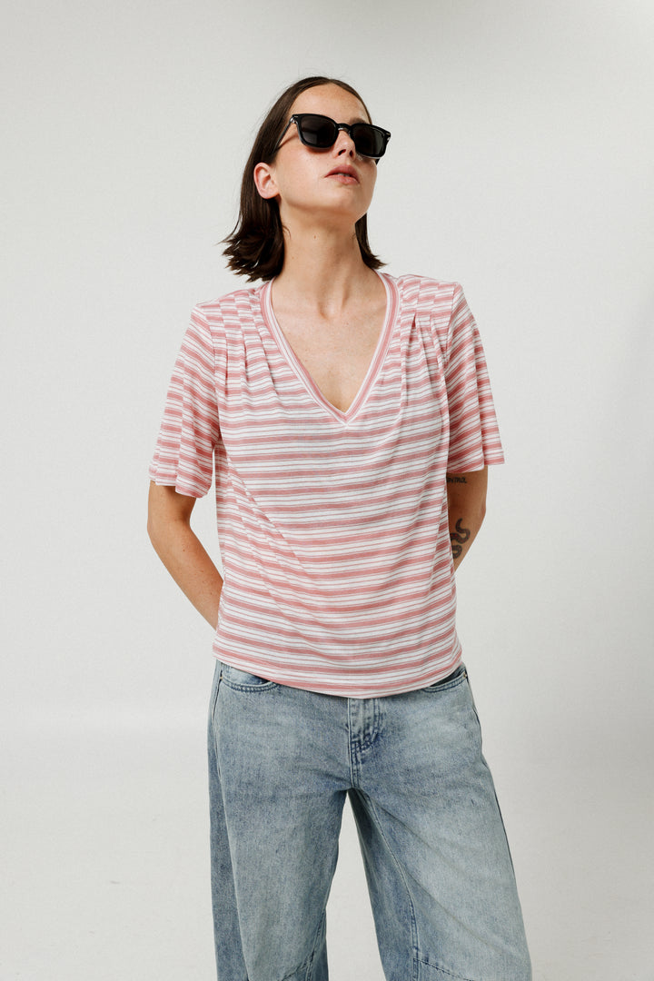 Collab Pink Stripes Padded V T-Shirt