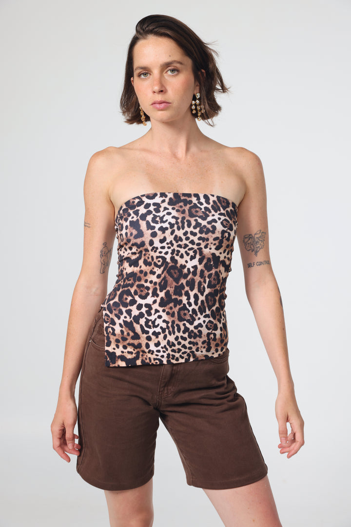 Graphic Leopard Strapless Top