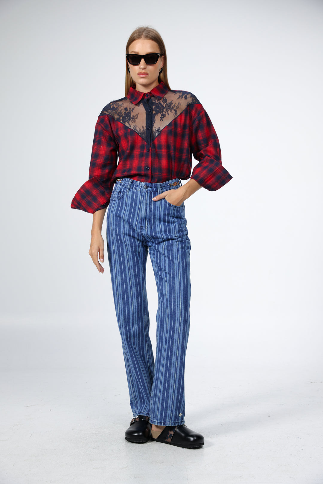 Lace Plaid Red Buttoned Shirt