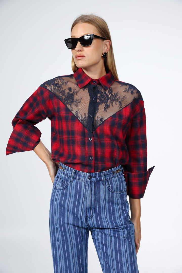 Lace Plaid Red Buttoned Shirt