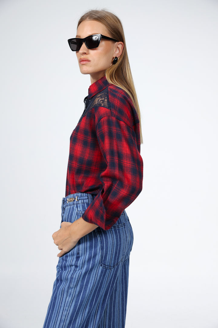 Lace Plaid Red Buttoned Shirt
