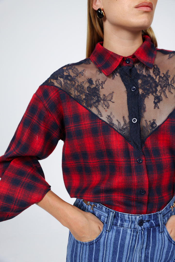 Lace Plaid Red Buttoned Shirt