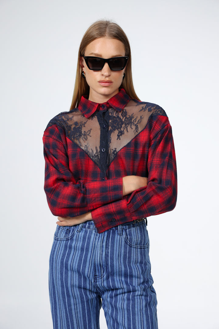 Lace Plaid Red Buttoned Shirt