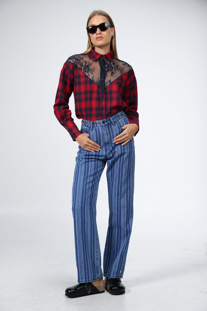 Lace Plaid Red Buttoned Shirt