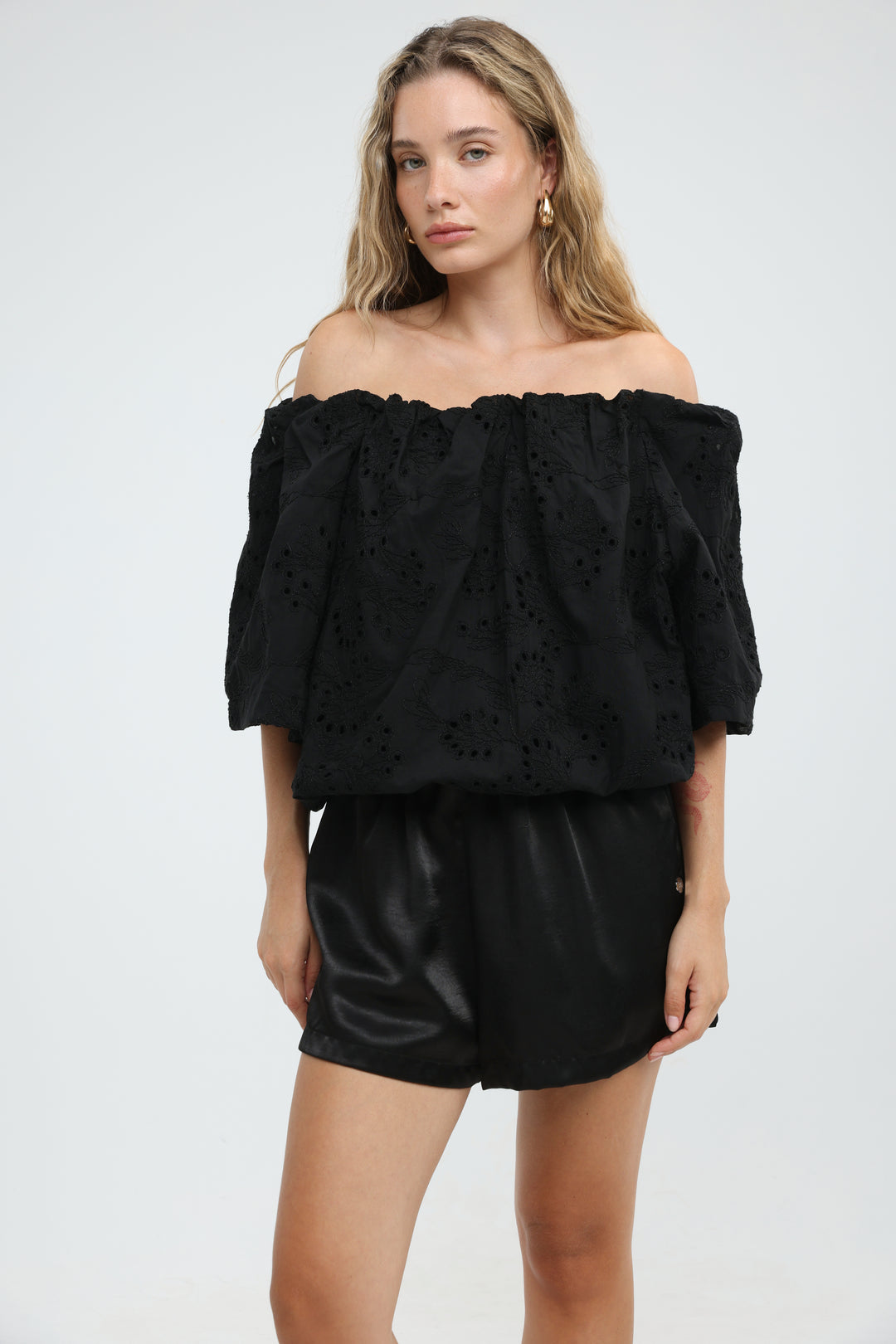 Eyelet Black Off Shoulder Blouse