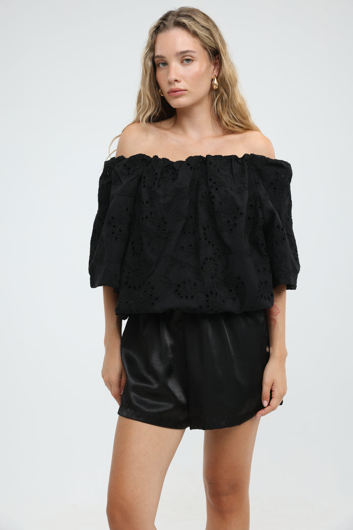 Eyelet Black Off Shoulder Blouse