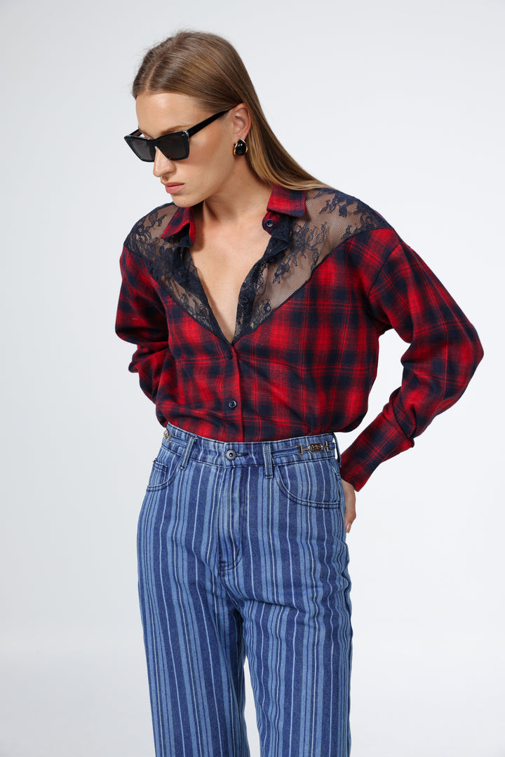 Lace Plaid Red Buttoned Shirt