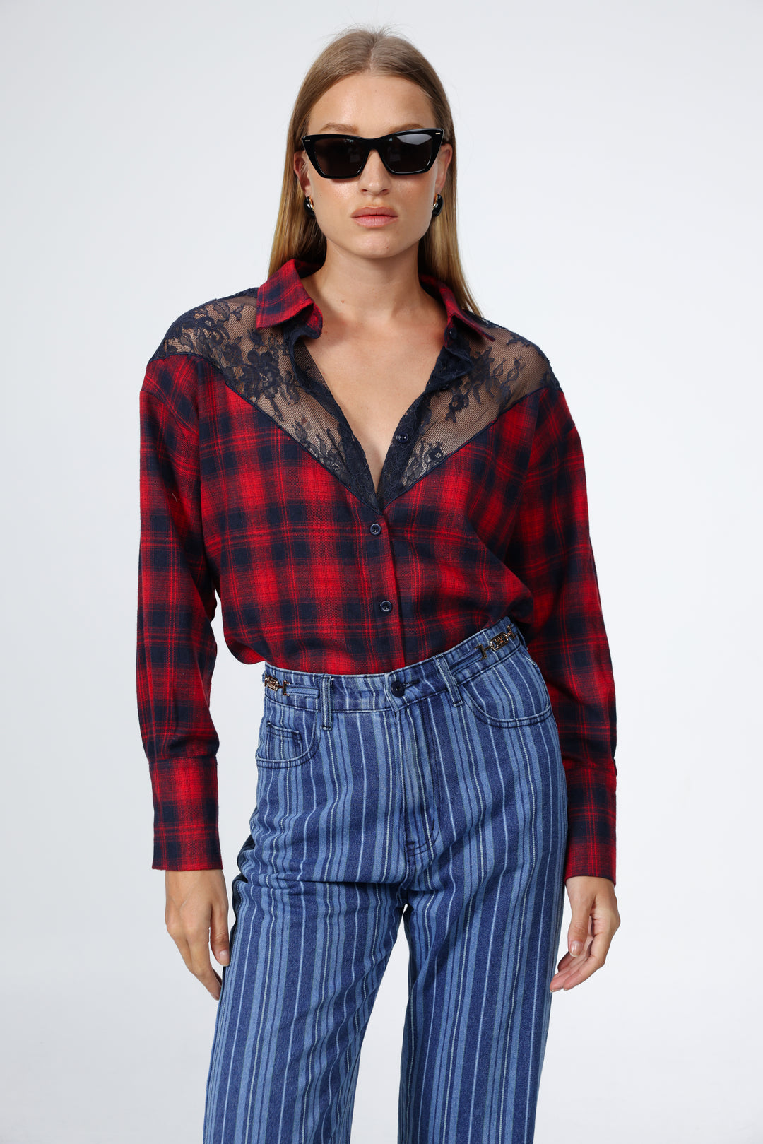 Lace Plaid Red Buttoned Shirt