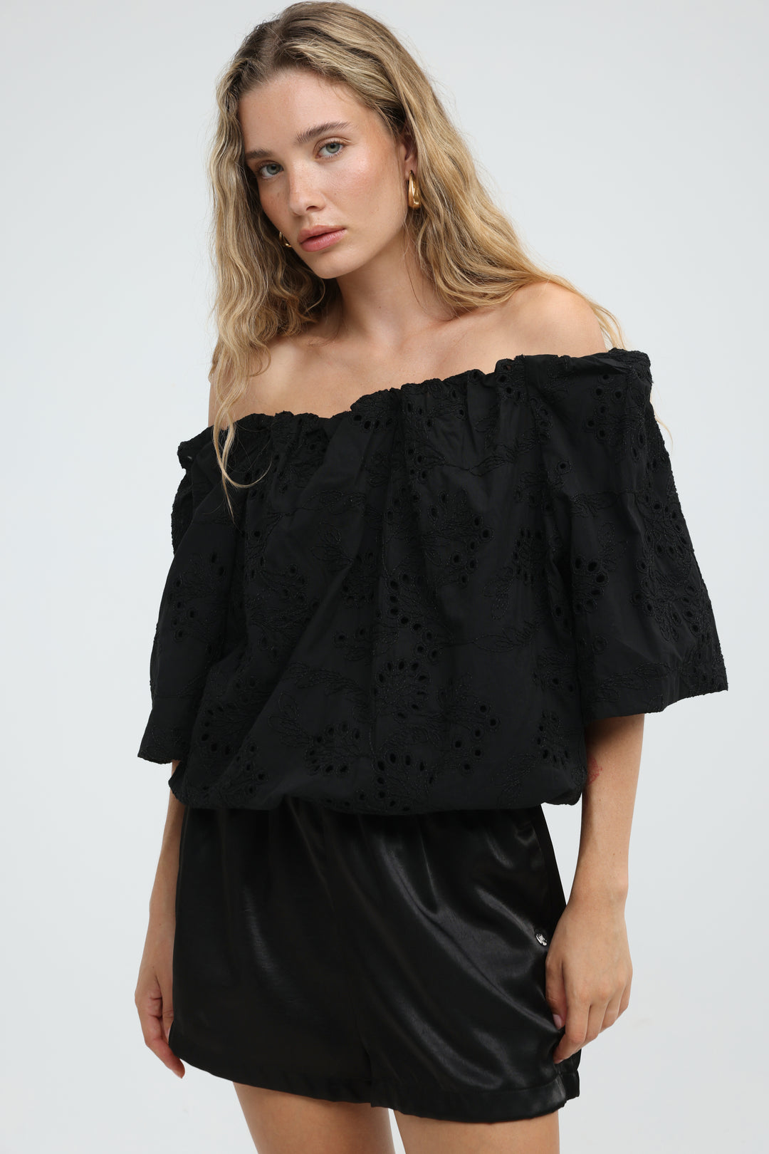 Eyelet Black Off Shoulder Blouse