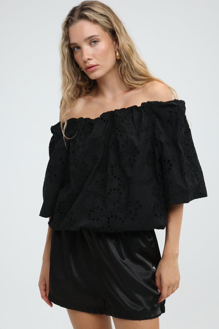 Eyelet Black Off Shoulder Blouse