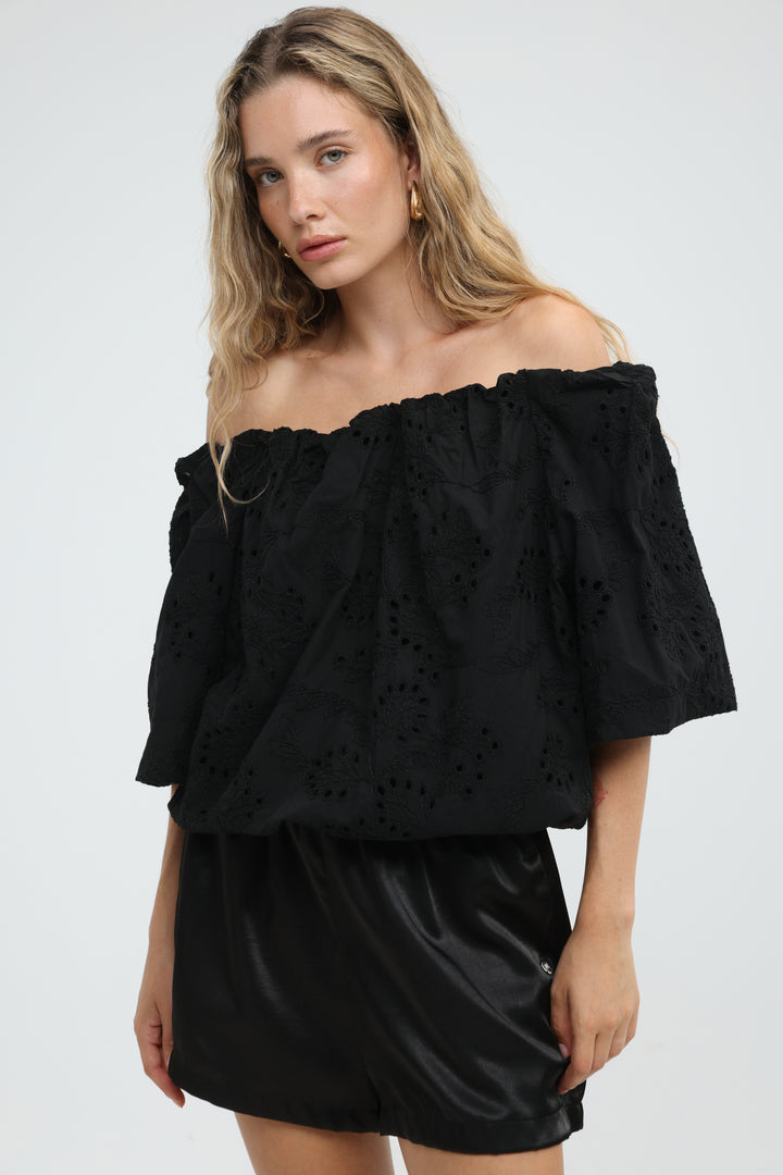 Eyelet Black Off Shoulder Blouse