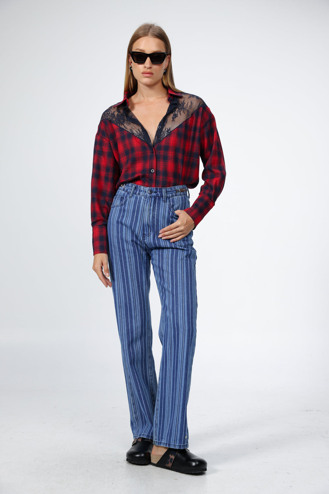 Lace Plaid Red Buttoned Shirt