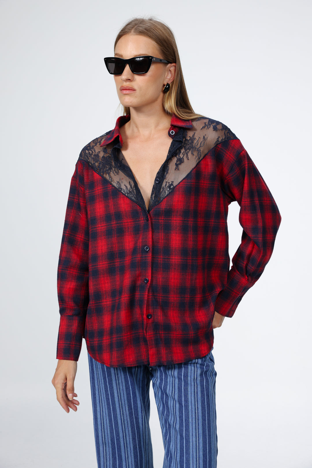 Lace Plaid Red Buttoned Shirt